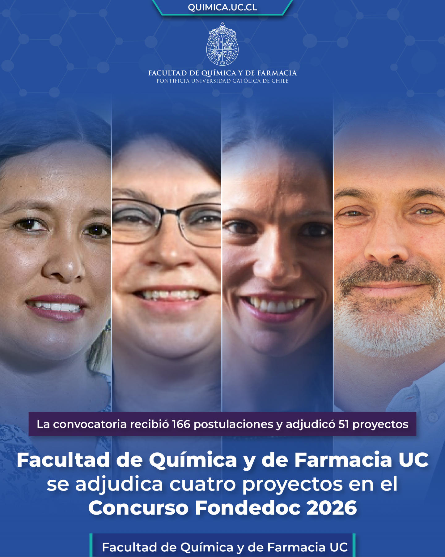 Facultad de Química y de Farmacia UC se adjudica cuatro proyectos en el Concurso Fondedoc 2026